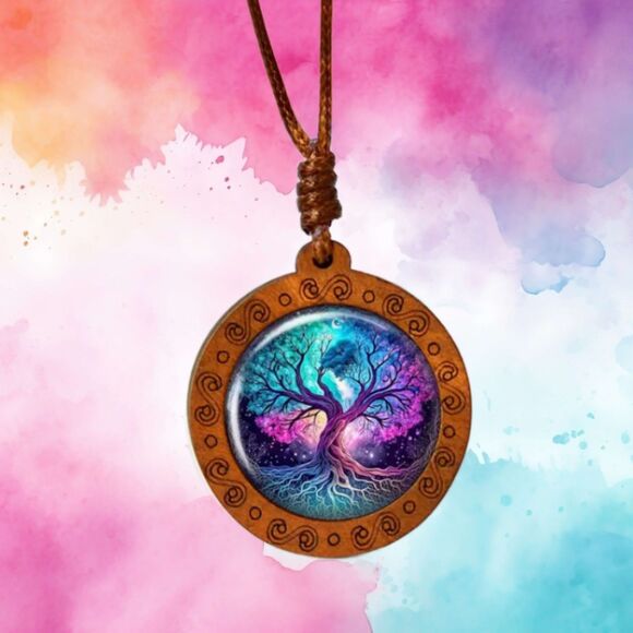 Tree of Life Wooden Rope Necklace Men Women Purple Pink Blue - Picture 1 of 6